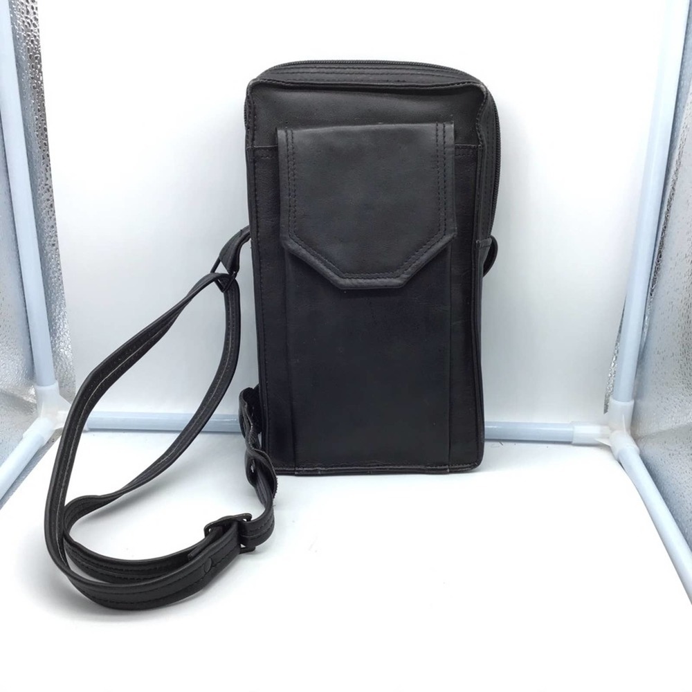BRAND black leather travel bag w/adjustable strap - Picture 2 of 16